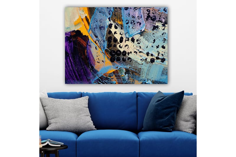 Lærred 70x100 cm - Abstrakt komposition med farverige former og teksturer - Blå / Sort / Orange - Boligtilbehør - Billeder & kunst - Billeder på lærred