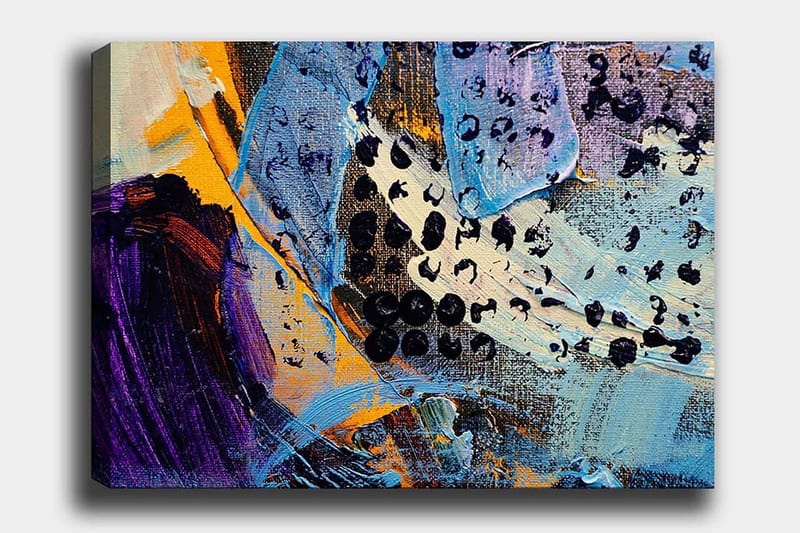 Lærred 70x100 cm - Abstrakt komposition med farverige former og teksturer, Blå / Sort / Orange