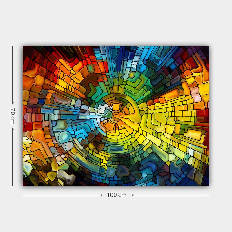 Lærred 70x100 cm - Abstrakt komposition med farverige geometriske former, der skaber en dynamisk bevægelse - Gul / Blå / Rød - Boligtilbehør - Billeder & kunst - Billeder på lærred