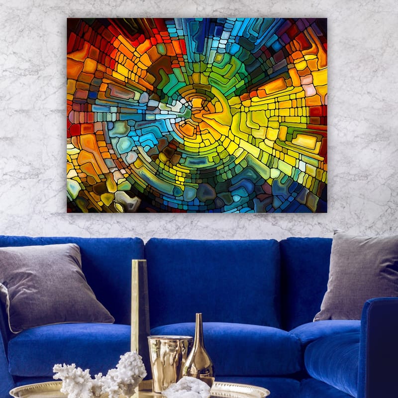 Lærred 70x100 cm - Abstrakt komposition med farverige geometriske former, der skaber en dynamisk bevægelse - Gul / Blå / Rød - Boligtilbehør - Billeder & kunst - Billeder på lærred