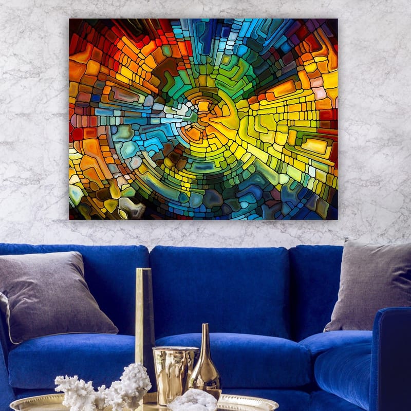 Lærred 70x100 cm - Abstrakt komposition med farverige geometriske former, der skaber en dynamisk bevægelse - Gul / Blå / Rød - Boligtilbehør - Billeder & kunst - Billeder på lærred