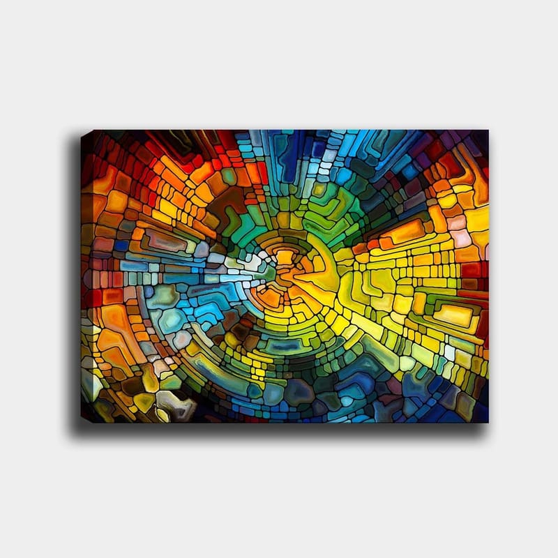 Lærred 70x100 cm - Abstrakt komposition med farverige geometriske former, der skaber en dynamisk bevægelse, Gul / Blå / Rød