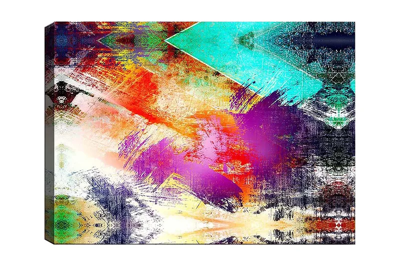 Lærred 70x100 cm - Abstrakt komposition med farverige geometriske former og dynamiske penselstrøg, Turkis / Lilla / Rød