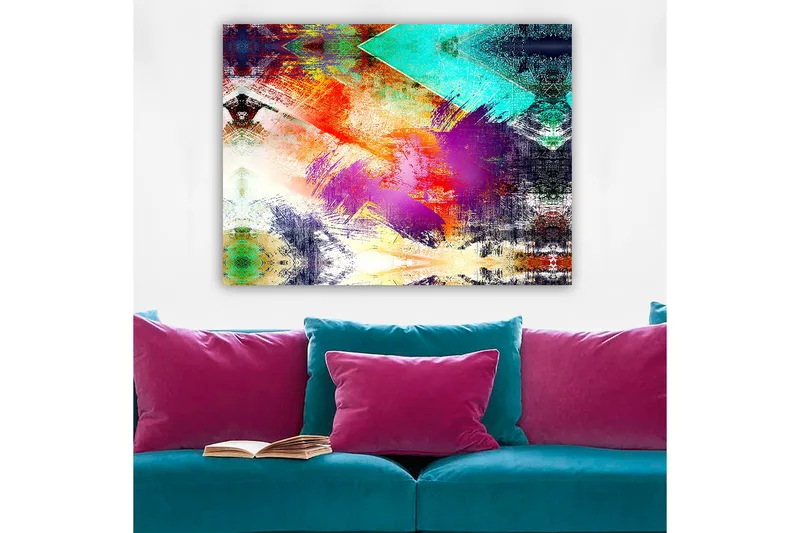 Lærred 70x100 cm - Abstrakt komposition med farverige geometriske former og dynamiske penselstrøg - Turkis / Lilla / Rød - Boligtilbehør - Billeder & kunst - Billeder på lærred