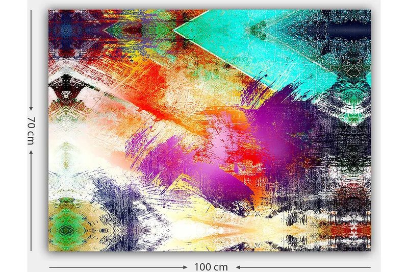 Lærred 70x100 cm - Abstrakt komposition med farverige geometriske former og dynamiske penselstrøg - Turkis / Lilla / Rød - Boligtilbehør - Billeder & kunst - Billeder på lærred