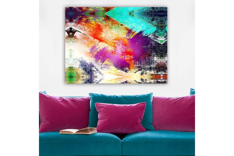 Lærred 70x100 cm - Abstrakt komposition med farverige geometriske former og dynamiske penselstrøg - Turkis / Lilla / Rød - Boligtilbehør - Billeder & kunst - Billeder på lærred