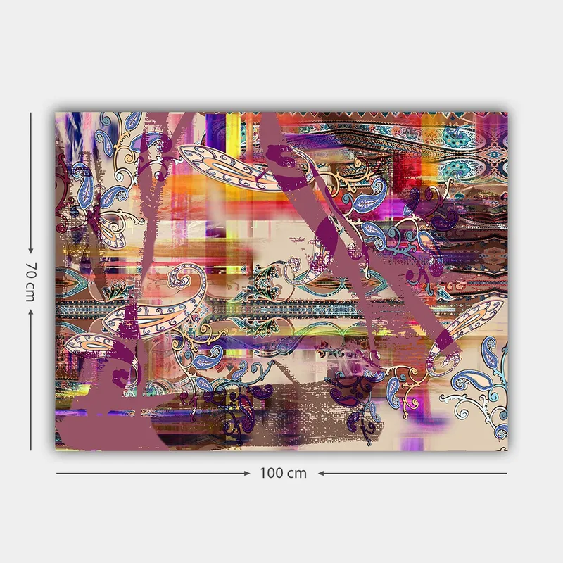 Lærred 70x100 cm - Abstrakt komposition med farverige mønstre og dekorative elementer - Lilla / Orange / Blå - Boligtilbehør - Billeder & kunst - Billeder på lærred