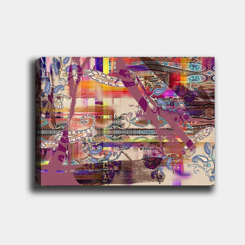 Lærred 70x100 cm - Abstrakt komposition med farverige mønstre og dekorative elementer, Lilla / Orange / Blå