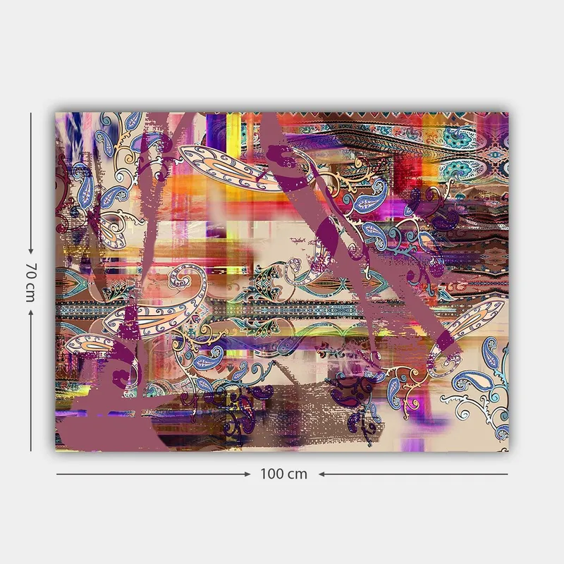 Lærred 70x100 cm - Abstrakt komposition med farverige mønstre og dekorative elementer - Lilla / Orange / Blå - Boligtilbehør - Billeder & kunst - Billeder på lærred