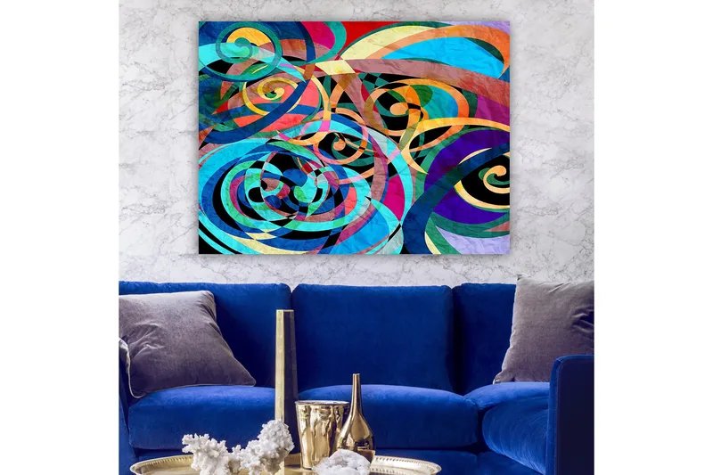 Lærred 70x100 cm - Abstrakt komposition med farverige spiraler og kurver, der skaber en dynamisk bevægelse, Turkis / Lilla / Rød