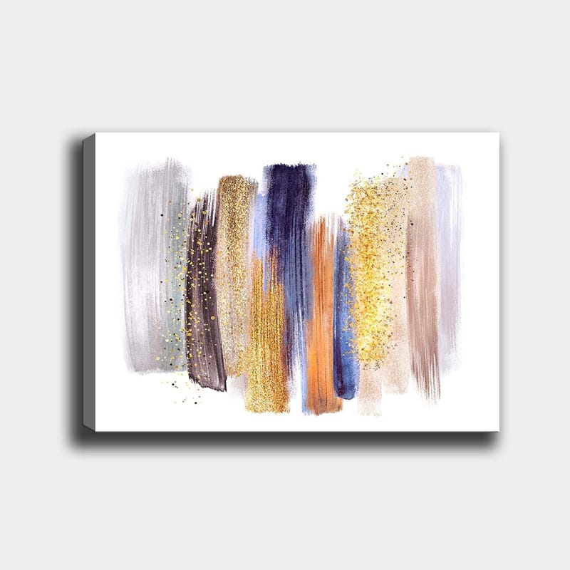 Lærred 70x100 cm - Abstrakt komposition med farverige penselstrøg i forskellige nuancer, Guld / Mørkeblå / Grå