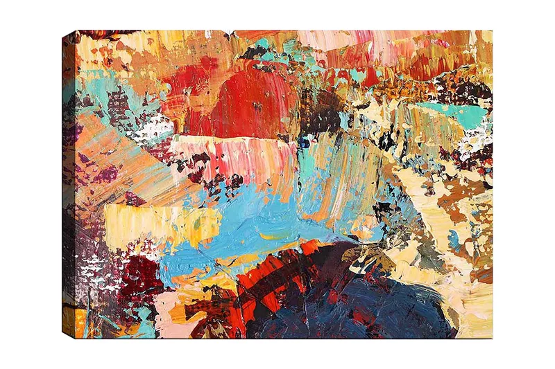 Lærred 70x100 cm - Abstrakt komposition med farverige penselstrøg, der skaber en dynamisk og levende følelse, Rød / Blå / Beige