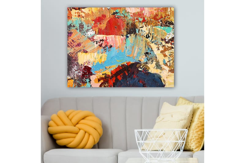 Lærred 70x100 cm - Abstrakt komposition med farverige penselstrøg, der skaber en dynamisk og levende følelse - Rød / Blå / Beige - Boligtilbehør - Billeder & kunst - Billeder på lærred