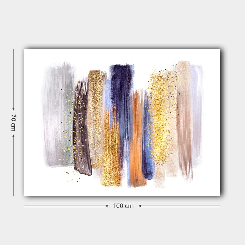 Lærred 70x100 cm - Abstrakt komposition med farverige penselstrøg i forskellige nuancer - Guld / Mørkeblå / Grå - Boligtilbehør - Billeder & kunst - Billeder på lærred