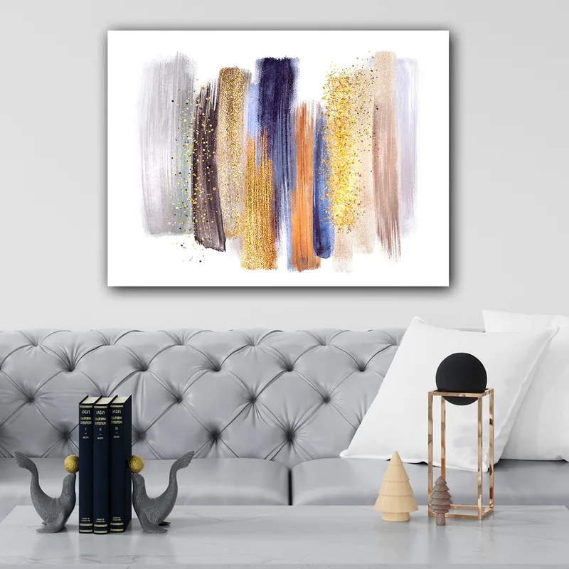 Lærred 70x100 cm - Abstrakt komposition med farverige penselstrøg i forskellige nuancer - Guld / Mørkeblå / Grå - Boligtilbehør - Billeder & kunst - Billeder på lærred