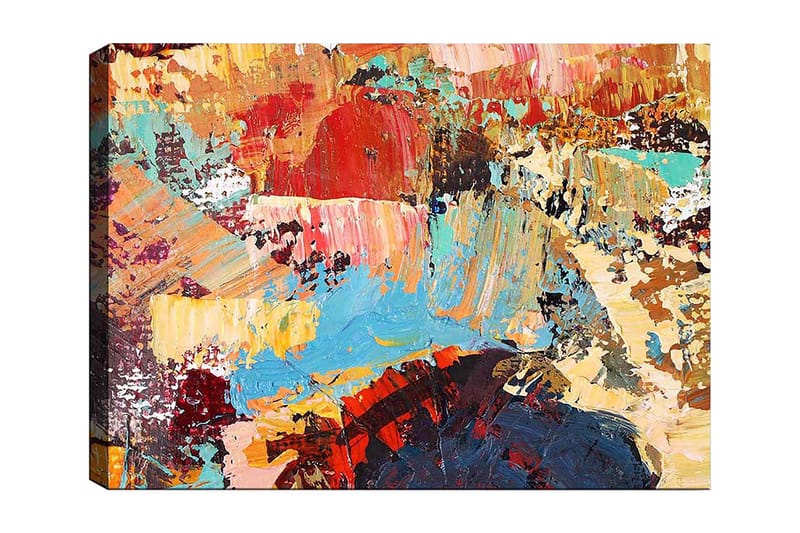 Lærred 70x100 cm - Abstrakt komposition med farverige penselstrøg, der skaber en dynamisk og levende følelse, Rød / Blå / Beige