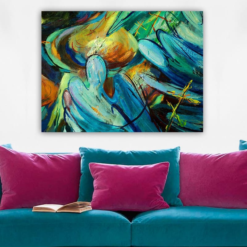 Lærred 70x100 cm - Abstrakt komposition med figurer, der synes at interagere i en dynamisk bevægelse - Blå / Grøn / Orange - Boligtilbehør - Billeder & kunst - Billeder på lærred