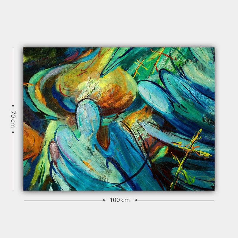 Lærred 70x100 cm - Abstrakt komposition med figurer, der synes at interagere i en dynamisk bevægelse - Blå / Grøn / Orange - Boligtilbehør - Billeder & kunst - Billeder på lærred