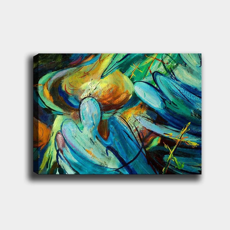 Lærred 70x100 cm - Abstrakt komposition med figurer, der synes at interagere i en dynamisk bevægelse, Blå / Grøn / Orange