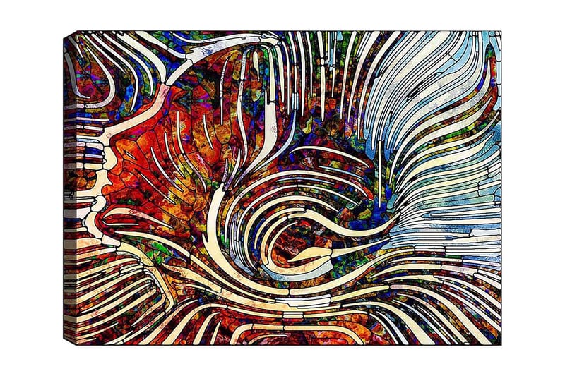 Lærred 70x100 cm - Abstrakt komposition med flydende linjer og farvede former, der skaber en dynamisk følelse, Rød / Blå / Hvid