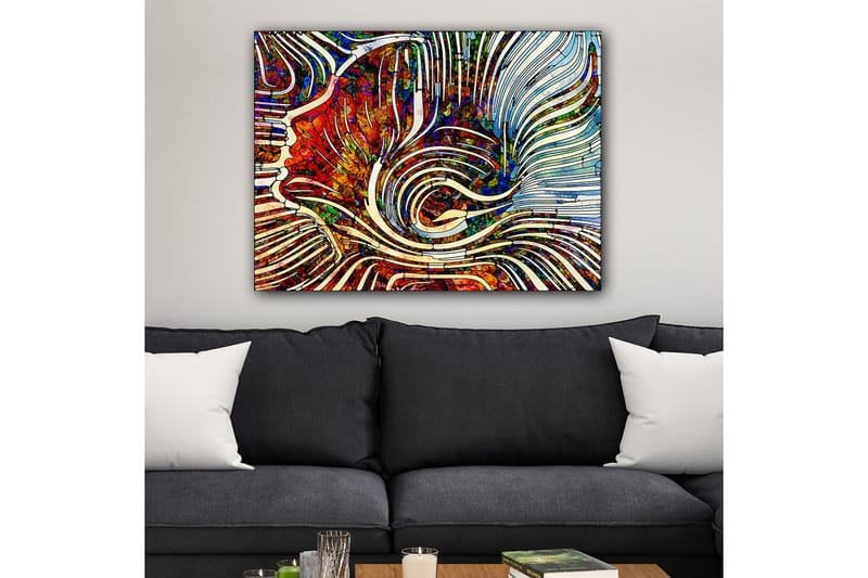 Lærred 70x100 cm - Abstrakt komposition med flydende linjer og farvede former, der skaber en dynamisk følelse - Rød / Blå / Hvid - Boligtilbehør - Billeder & kunst - Billeder på lærred