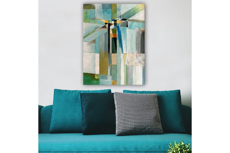 Lærred 70x100 cm - Abstrakt komposition med geometriske former i forskellige nuancer af blå og grøn, Blå / Grøn / Beige