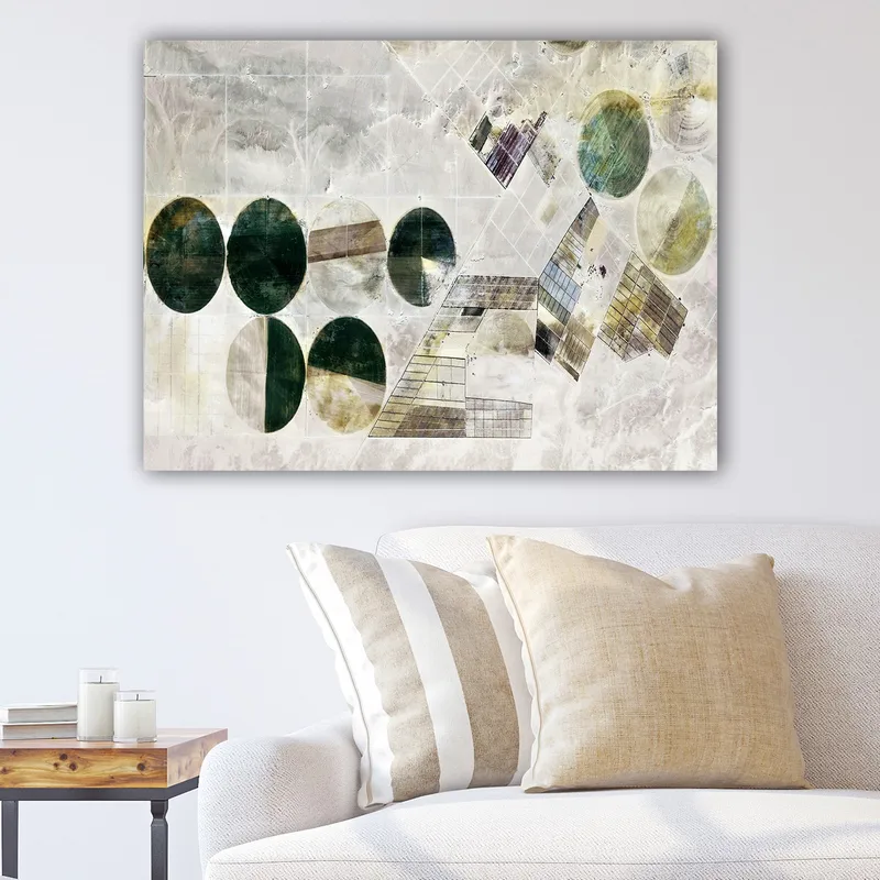 Lærred 70x100 cm - Abstrakt komposition med geometriske former i forskellige nuancer af grøn og brun, Mørkegrøn / Lysegrøn / Brun