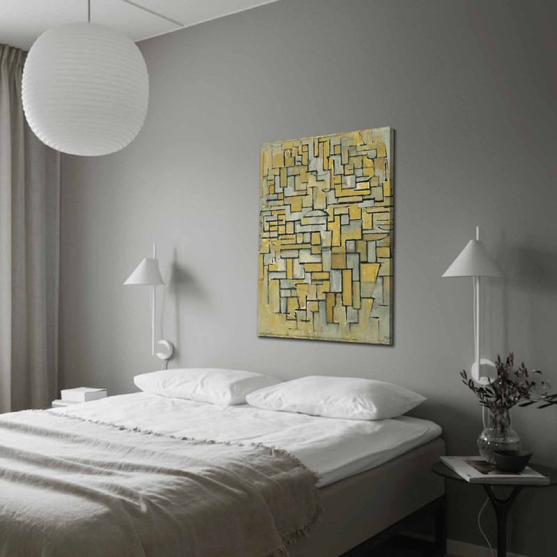 Lærred 70x100 cm - Abstrakt komposition med geometriske former i gul og grå, Gul / Grå