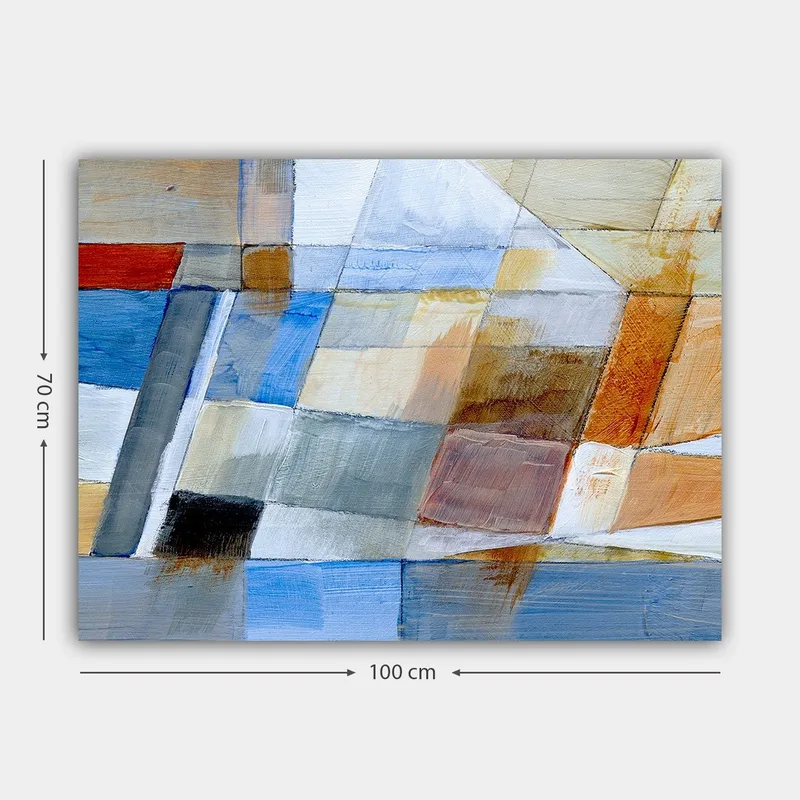 Lærred 70x100 cm - Abstrakt komposition med geometriske former i harmoniske farver - Blå / Orange / Grå - Boligtilbehør - Billeder & kunst - Billeder på lærred