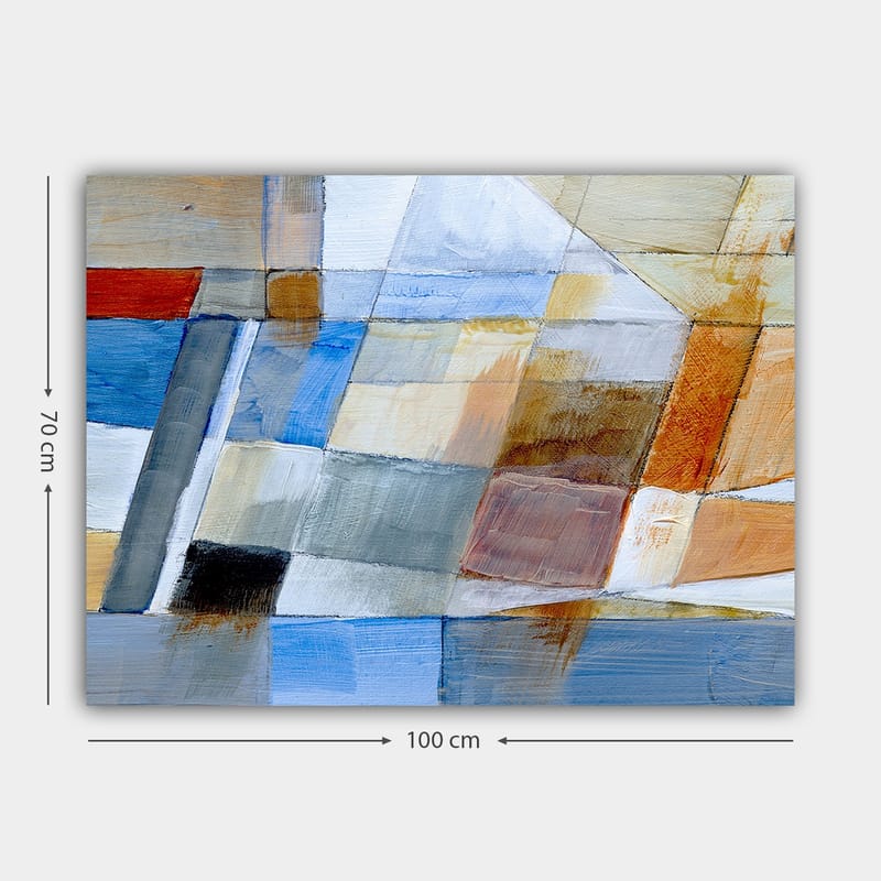 Lærred 70x100 cm - Abstrakt komposition med geometriske former i harmoniske farver - Blå / Orange / Grå - Boligtilbehør - Billeder & kunst - Billeder på lærred