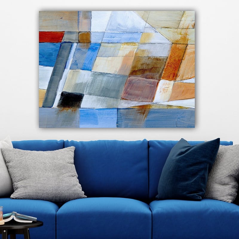 Lærred 70x100 cm - Abstrakt komposition med geometriske former i harmoniske farver - Blå / Orange / Grå - Boligtilbehør - Billeder & kunst - Billeder på lærred
