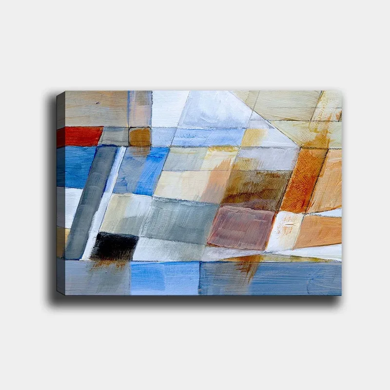 Lærred 70x100 cm - Abstrakt komposition med geometriske former i harmoniske farver, Blå / Orange / Grå