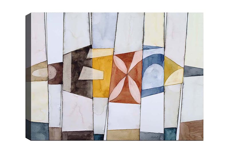 Lærred 70x100 cm - Abstrakt komposition med geometriske former i varme og kølige farver, Guld / Blå / Brun