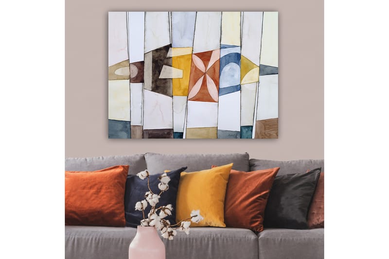 Lærred 70x100 cm - Abstrakt komposition med geometriske former i varme og kølige farver - Guld / Blå / Brun - Boligtilbehør - Billeder & kunst - Billeder på lærred