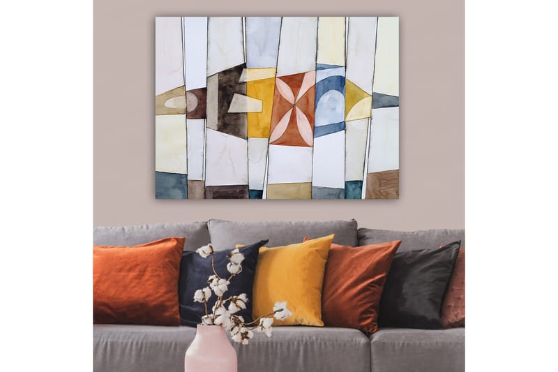 Lærred 70x100 cm - Abstrakt komposition med geometriske former i varme og kølige farver - Guld / Blå / Brun - Boligtilbehør - Billeder & kunst - Billeder på lærred