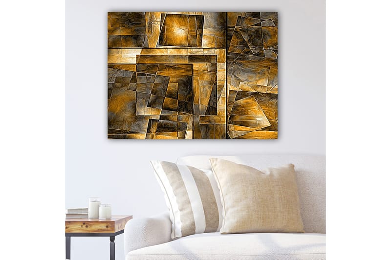 Lærred 70x100 cm - Abstrakt komposition med geometriske former i varme toner, Guld / Brun / Grå