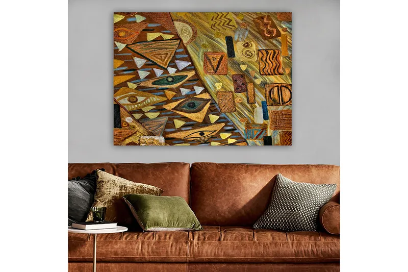 Lærred 70x100 cm - Abstrakt komposition med geometriske former og øjenmotiver i varme jordfarver, Guld / Brun / Beige