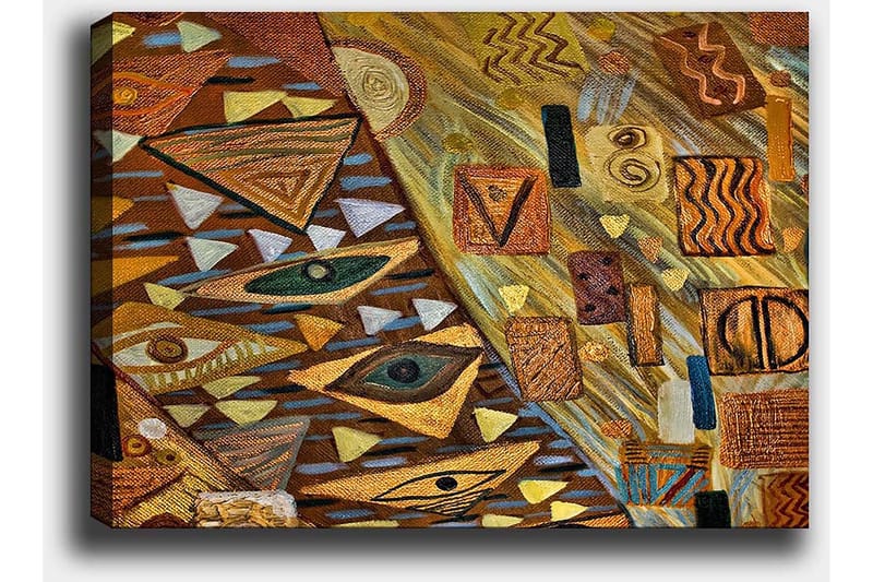 Lærred 70x100 cm - Abstrakt komposition med geometriske former og øjenmotiver i varme jordfarver - Guld / Brun / Beige - Boligtilbehør - Billeder & kunst - Billeder på lærred