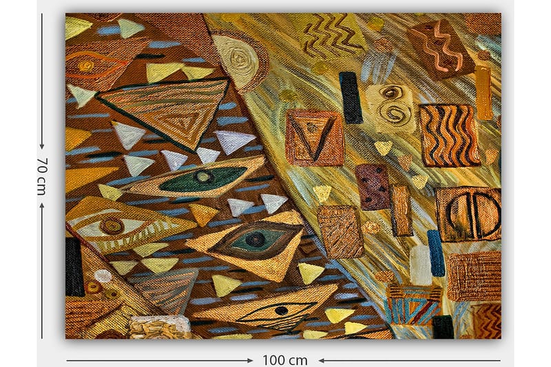 Lærred 70x100 cm - Abstrakt komposition med geometriske former og øjenmotiver i varme jordfarver - Guld / Brun / Beige - Boligtilbehør - Billeder & kunst - Billeder på lærred
