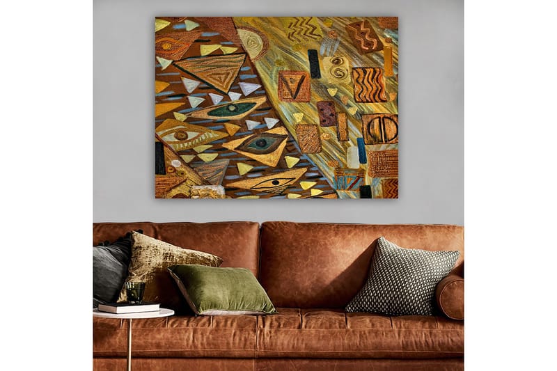 Lærred 70x100 cm - Abstrakt komposition med geometriske former og øjenmotiver i varme jordfarver, Guld / Brun / Beige