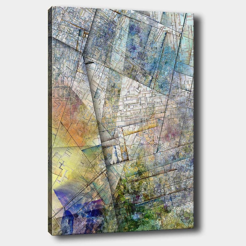 Lærred 70x100 cm - Abstrakt komposition med geometriske former og bløde farveovergange, Blå / Grøn / Gul