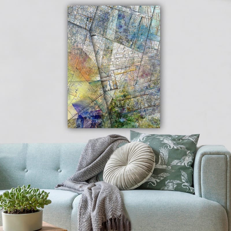 Lærred 70x100 cm - Abstrakt komposition med geometriske former og bløde farveovergange - Blå / Grøn / Gul - Boligtilbehør - Billeder & kunst - Billeder på lærred