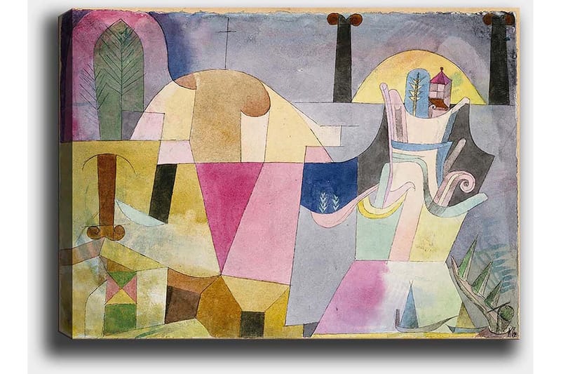 Lærred 70x100 cm - Abstrakt komposition med geometriske former og bløde farver, der skaber en drømmeagtig atmosfære - Lyserød / Gul / Grøn - Boligtilbehør - Billeder & kunst - Billeder på lærred