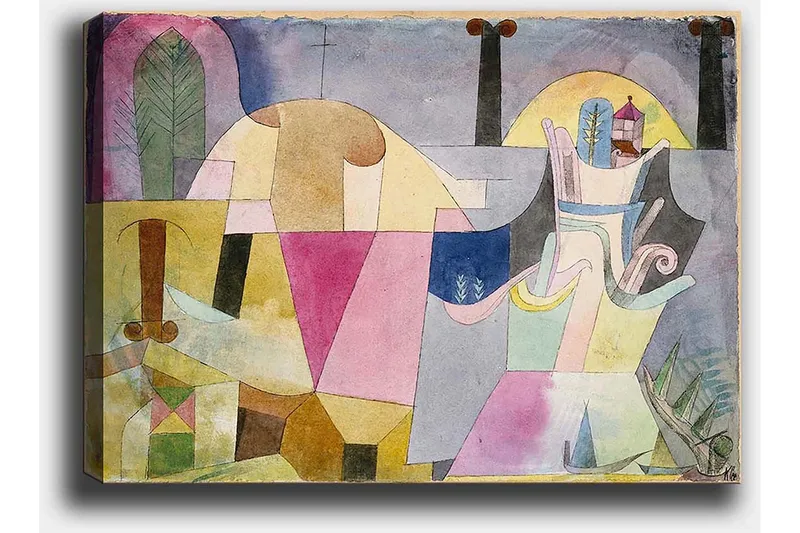 Lærred 70x100 cm - Abstrakt komposition med geometriske former og bløde farver, der skaber en drømmeagtig atmosfære - Lyserød / Gul / Grøn - Boligtilbehør - Billeder & kunst - Billeder på lærred