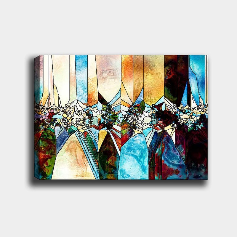 Lærred 70x100 cm - Abstrakt komposition med geometriske former og blomstermotiver i klare farver, Blå / Grøn / Orange