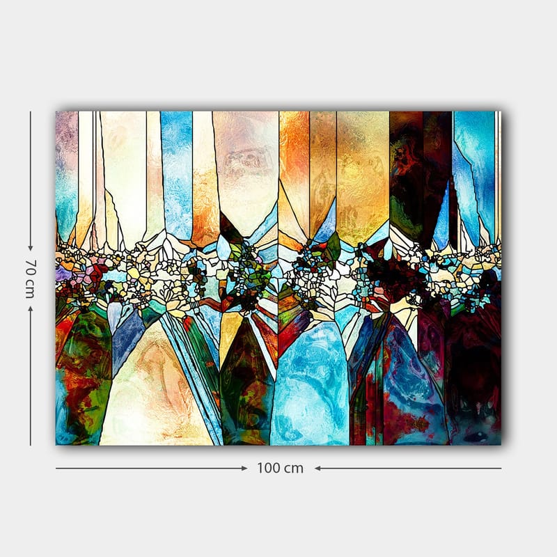 Lærred 70x100 cm - Abstrakt komposition med geometriske former og blomstermotiver i klare farver - Blå / Grøn / Orange - Boligtilbehør - Billeder & kunst - Billeder på lærred