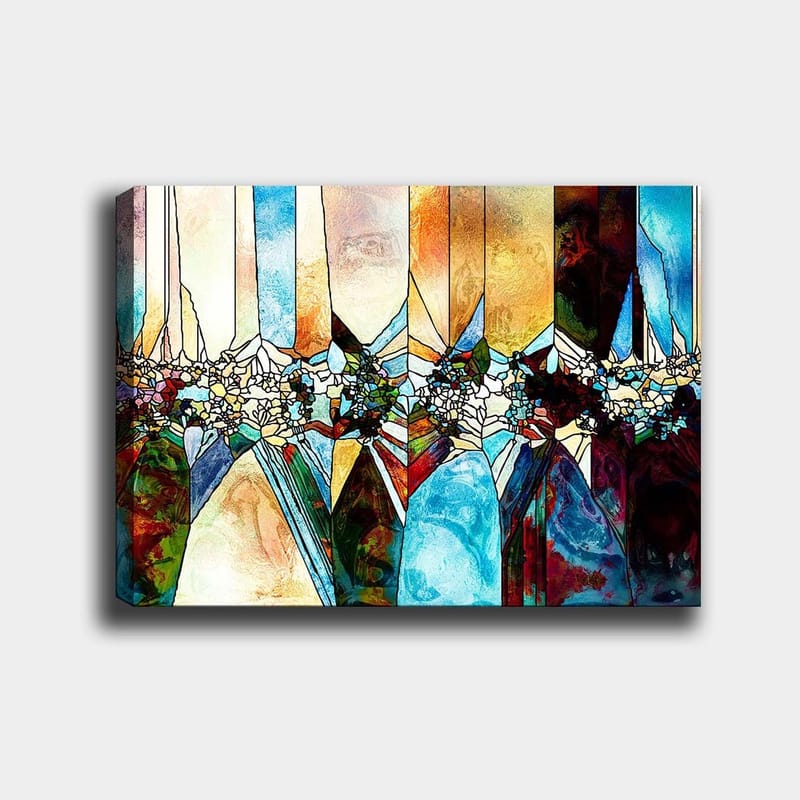 Lærred 70x100 cm - Abstrakt komposition med geometriske former og blomstermotiver i klare farver, Blå / Grøn / Orange