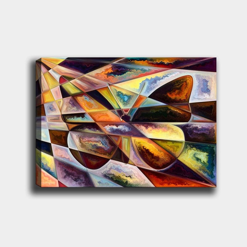 Lærred 70x100 cm - Abstrakt komposition med geometriske former og dynamiske farveovergange - Guld / Mørkebrun / Orange - Boligtilbehør - Billeder & kunst - Billeder på lærred