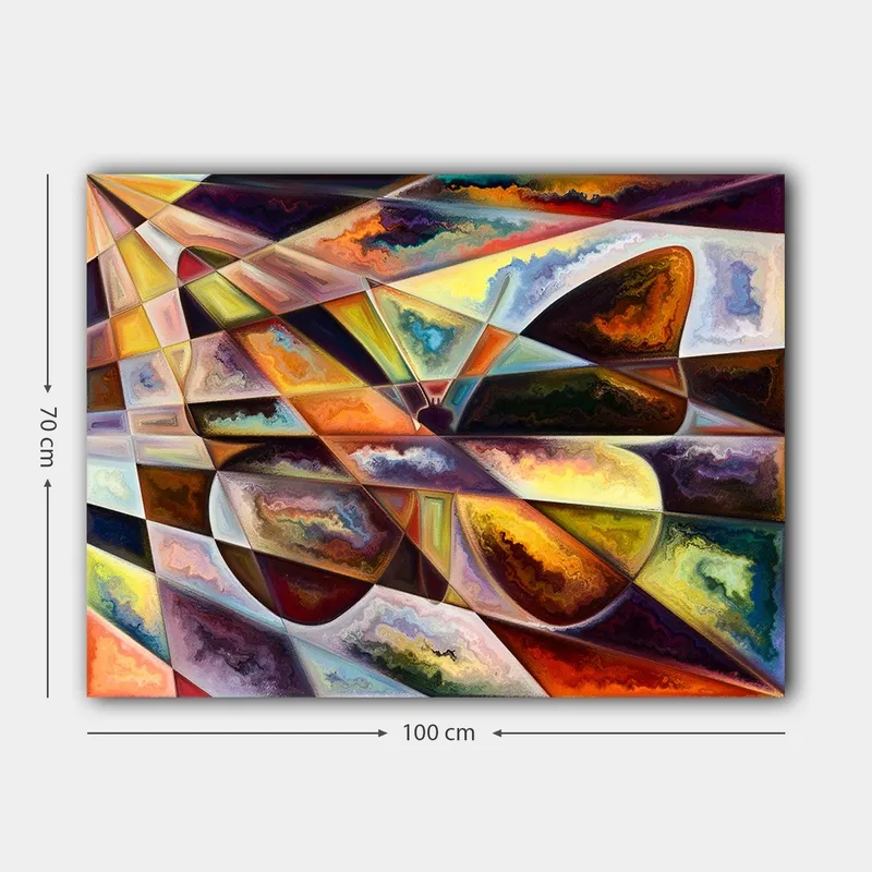 Lærred 70x100 cm - Abstrakt komposition med geometriske former og dynamiske farveovergange - Guld / Mørkebrun / Orange - Boligtilbehør - Billeder & kunst - Billeder på lærred