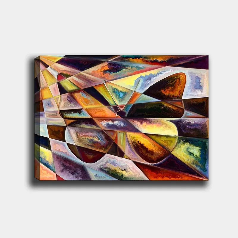 Lærred 70x100 cm - Abstrakt komposition med geometriske former og dynamiske farveovergange, Guld / Mørkebrun / Orange